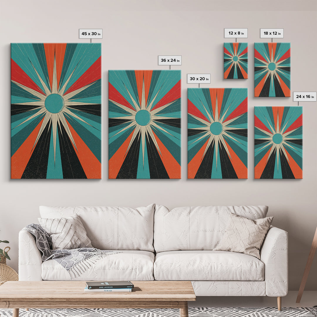 Teal Orange Retro Compass Starburst Framed Canvas Print, Midcentury Wall Art, Geometric Abstract, Atomic Mcm Wall Decor Print