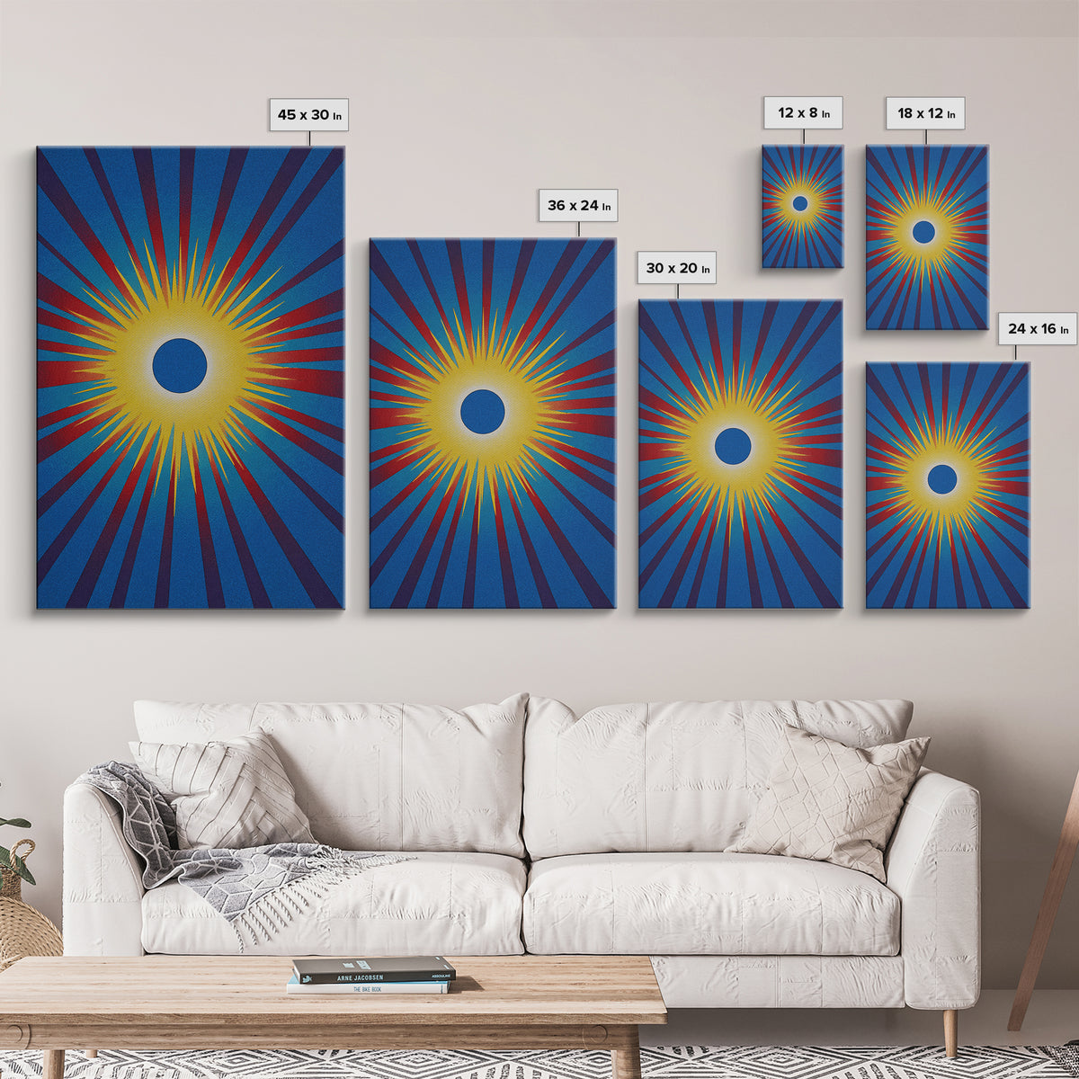 Blue Eclipse Sun With Yellow Burst Wall Art, Midcentury Modern, Space Abstract Art, Retro Poster, Bold Mcm Wall Decor Print