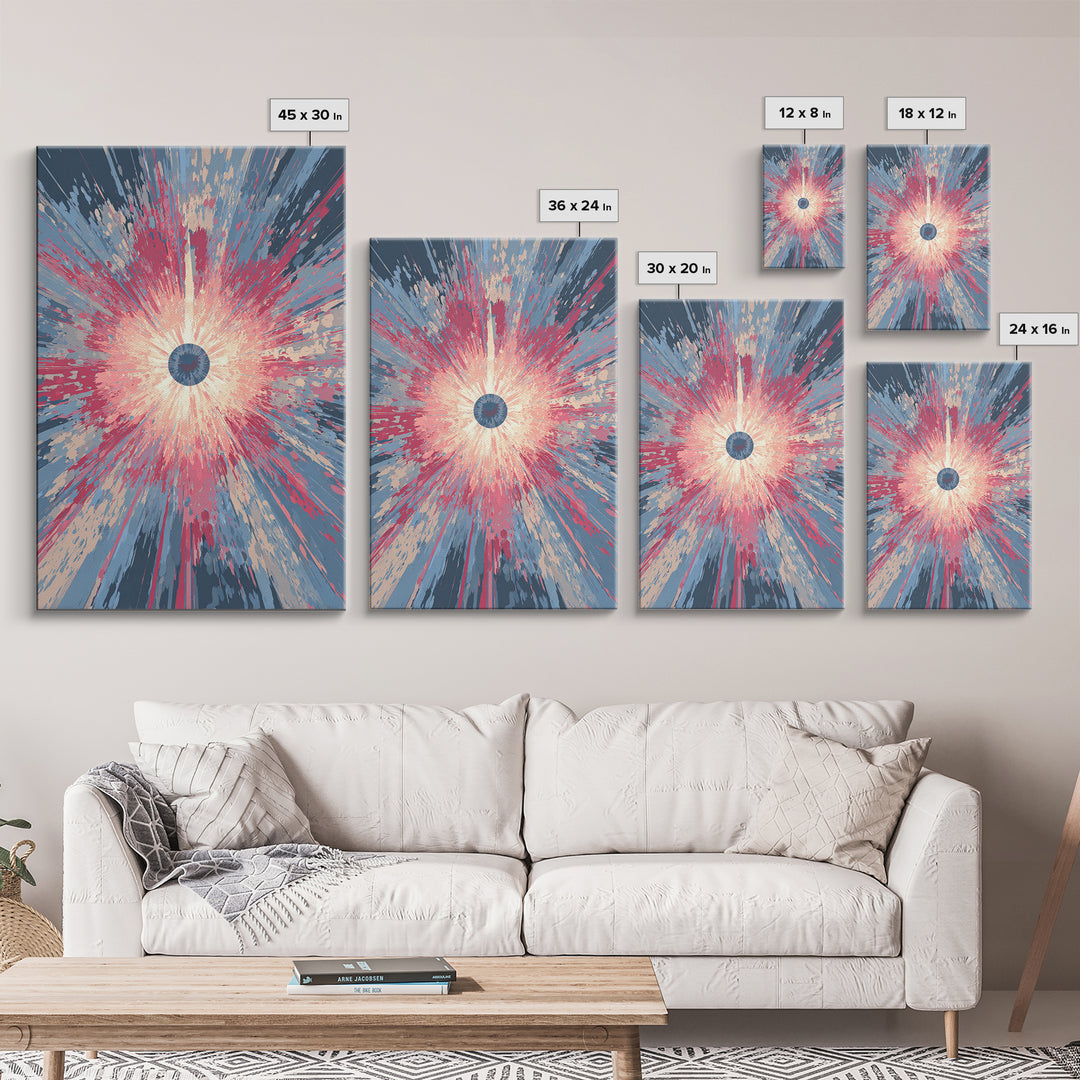 Pink Blue Exploding Starburst With Soft Rays Canvas Print, Modern Abstract Art, Colorful Wall Art, Trendy Home Office Decor