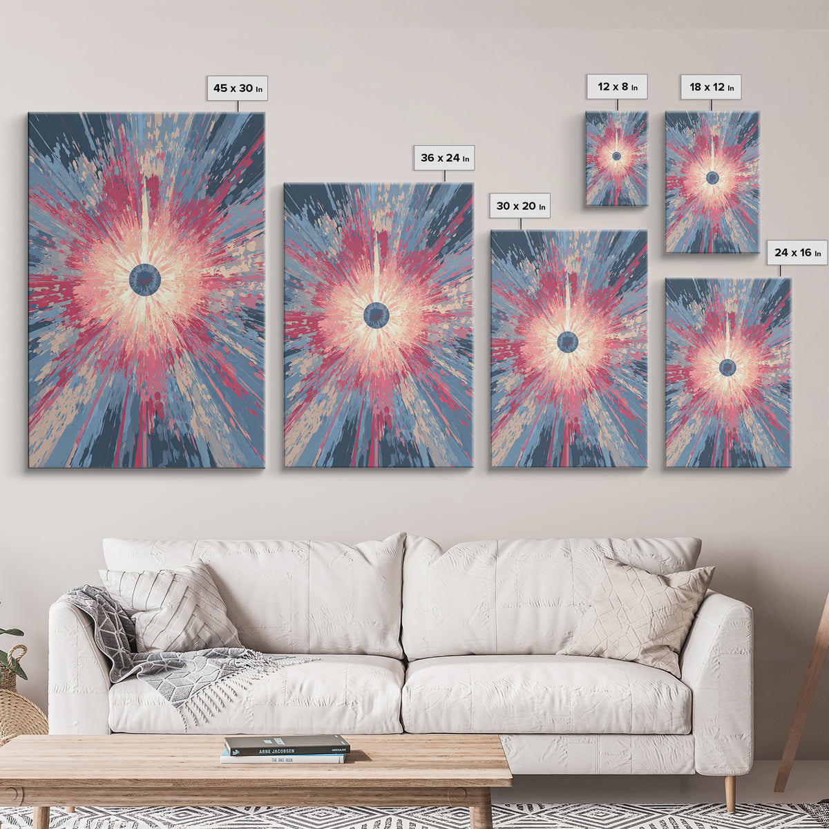 Pink Blue Exploding Starburst With Soft Rays Canvas Print, Modern Abstract Art, Colorful Wall Art, Trendy Home Office Decor