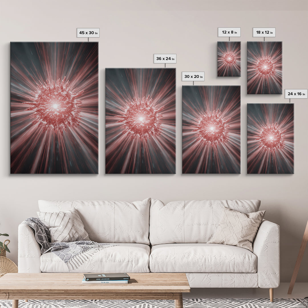 Red White Cosmic Energy Explosion Wall Art, Modern Digital Art, Abstract Space Poster, Statement Wall Decor, Large Canvas Print