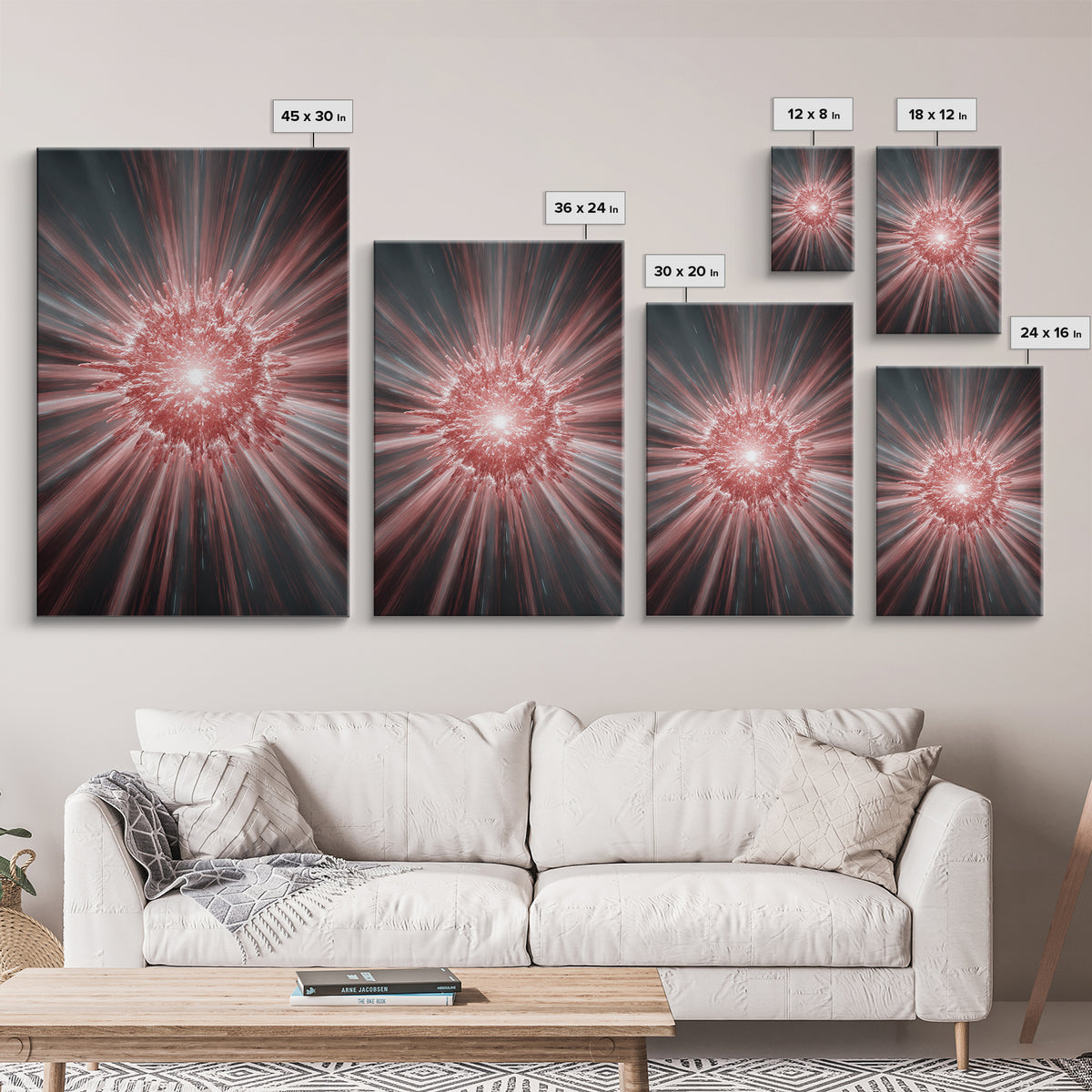 Red White Cosmic Energy Explosion Wall Art, Modern Digital Art, Abstract Space Poster, Statement Wall Decor, Large Canvas Print