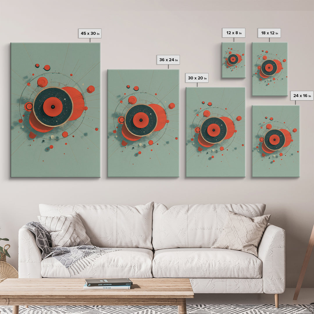 Red Teal Circular Planet Orbit Abstraction Framed Canvas Print, Modern Contemporary Art, Geometric Wall Art, Retro Home Decor
