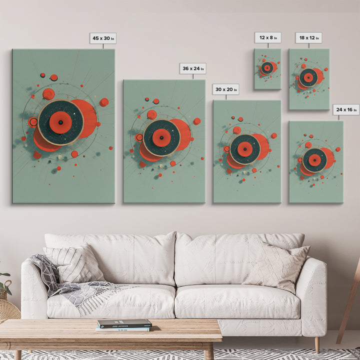 Red Teal Circular Planet Orbit Abstraction Framed Canvas Print, Modern Contemporary Art, Geometric Wall Art, Retro Home Decor