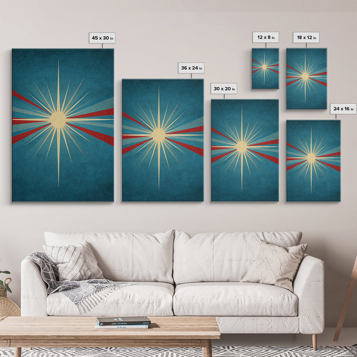 Minimal Teal Starburst With Red Rays Canvas Print, Midcentury Modern Wall Art, Atomic Retro Poster, Mcm Home Decor Print