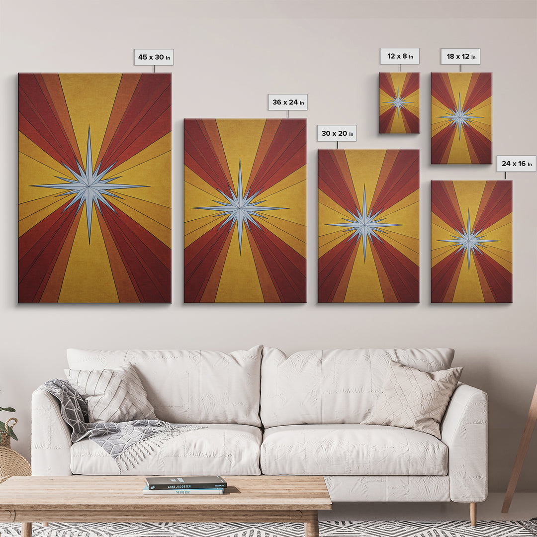 Red Gold Compass Star Canvas Print, Midcentury Modern Art, Atomic Retro Poster, Geometric Wall Decor, 1960s MCM Print Gift
