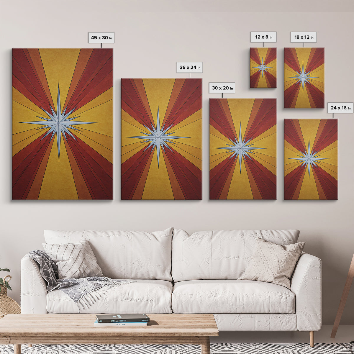 Red Gold Compass Star Canvas Print, Midcentury Modern Art, Atomic Retro Poster, Geometric Wall Decor, 1960s MCM Print Gift