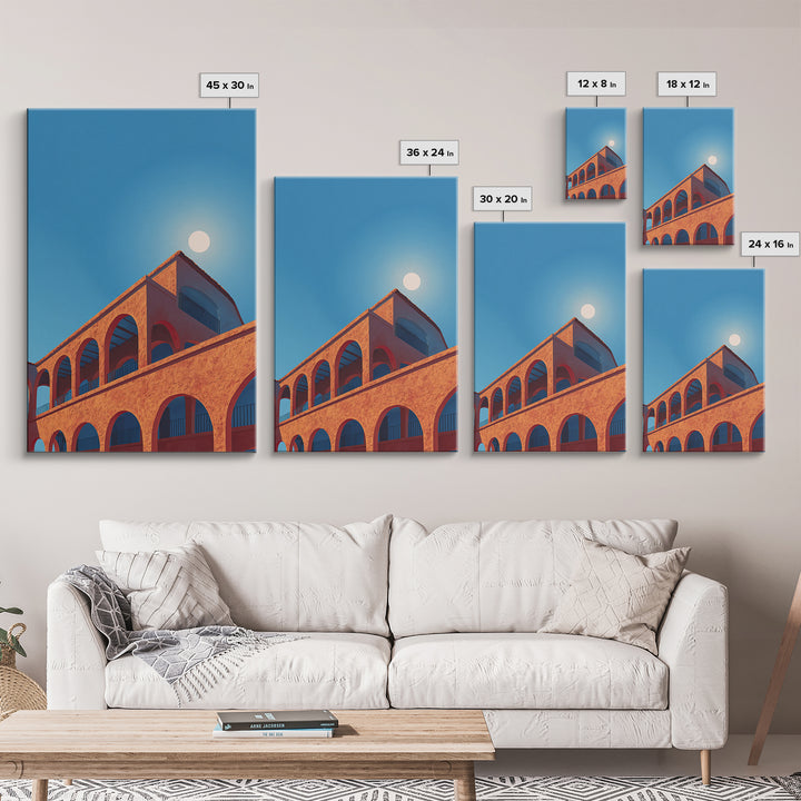 Terracotta Arcade With White Sun Wall Art, Modern Architectural Art, Palm Springs Decor, Orange Blue Travel Poster, MCM Print