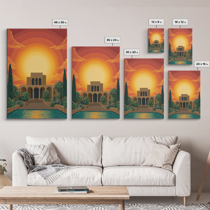 Art Deco Villa Sunset Canvas Print, Midcentury Modern Wall Art, Orange Sun Poster, Tropical Garden Living Room Decor Print