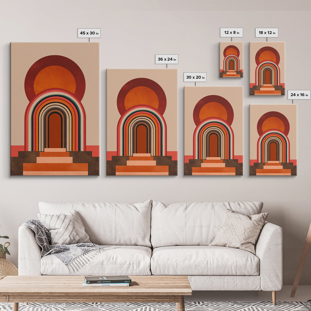 Layered Rainbow Arch Doorway Wall Art, Midcentury Abstract Poster, Geometric Wall Decor, 70s Art Print, Warm Orange MCM Style