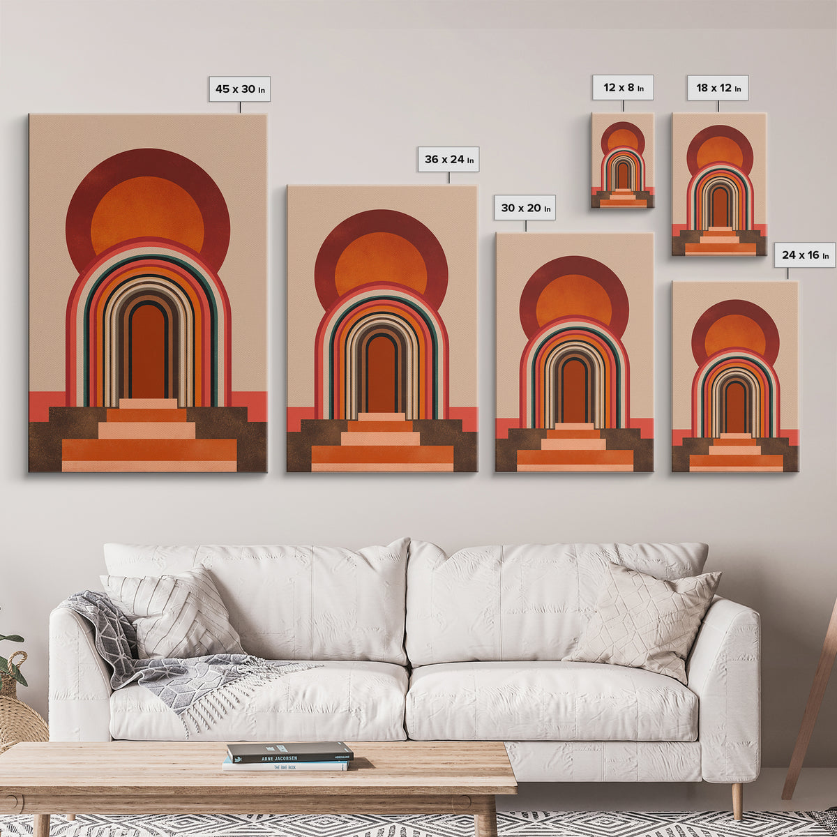 Layered Rainbow Arch Doorway Wall Art, Midcentury Abstract Poster, Geometric Wall Decor, 70s Art Print, Warm Orange MCM Style