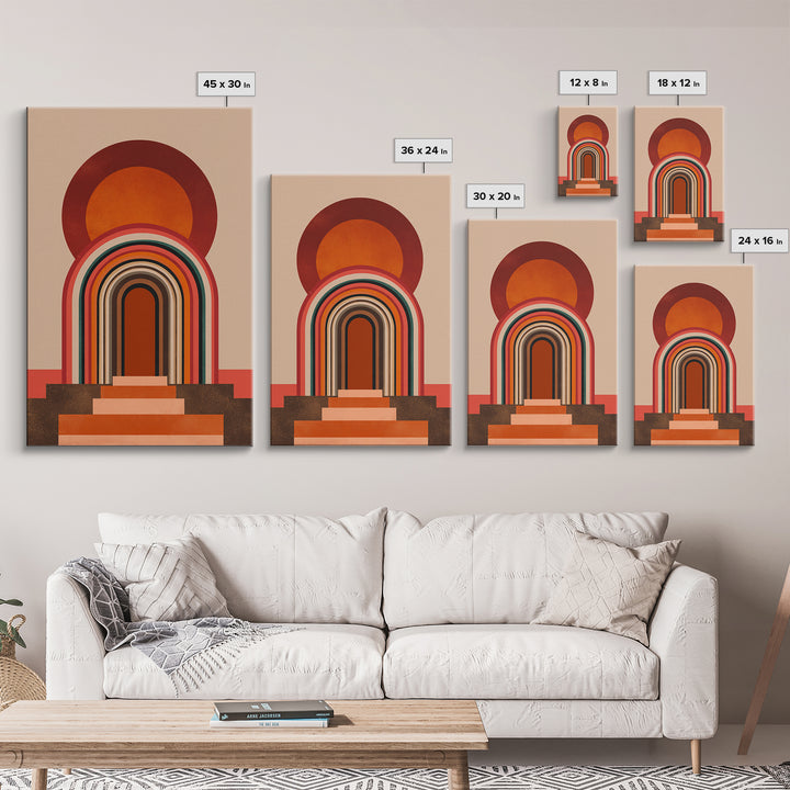 Layered Rainbow Arch Doorway Wall Art, Midcentury Abstract Poster, Geometric Wall Decor, 70s Art Print, Warm Orange MCM Style