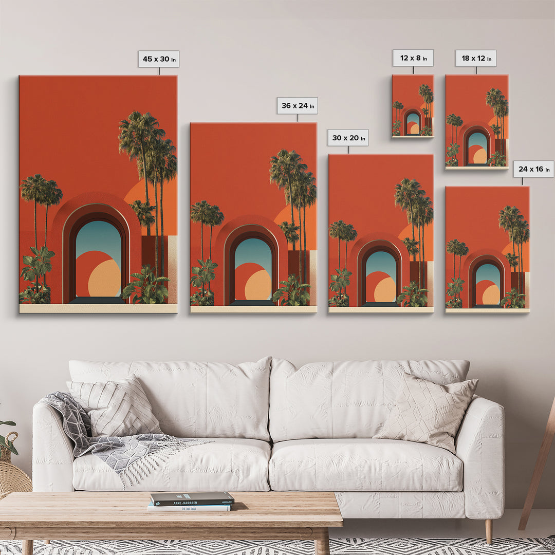 Red Orange Palm Springs Portal Wall Art, Retro Desert Print, Midcentury Modern Decor, Tropical Wall Decor, Bold MCM Poster