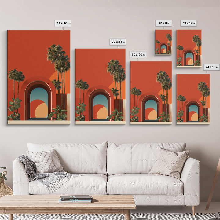 Red Orange Palm Springs Portal Wall Art, Retro Desert Print, Midcentury Modern Decor, Tropical Wall Decor, Bold MCM Poster
