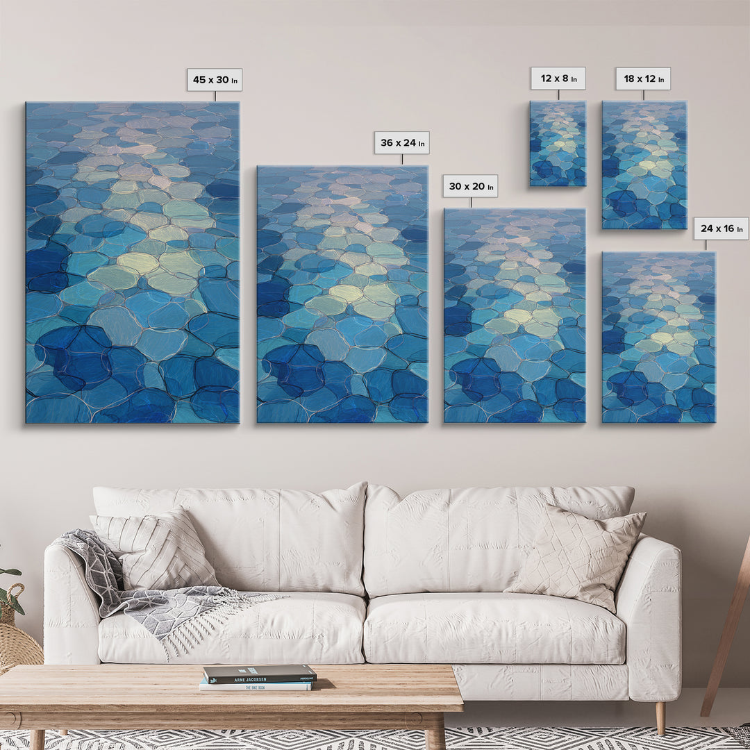 Blue Mosaic Water Path, Framed Canvas Print, Abstract Wall Art, Coastal Modern Decor, Calm Geometric Art For Bedroom And Home