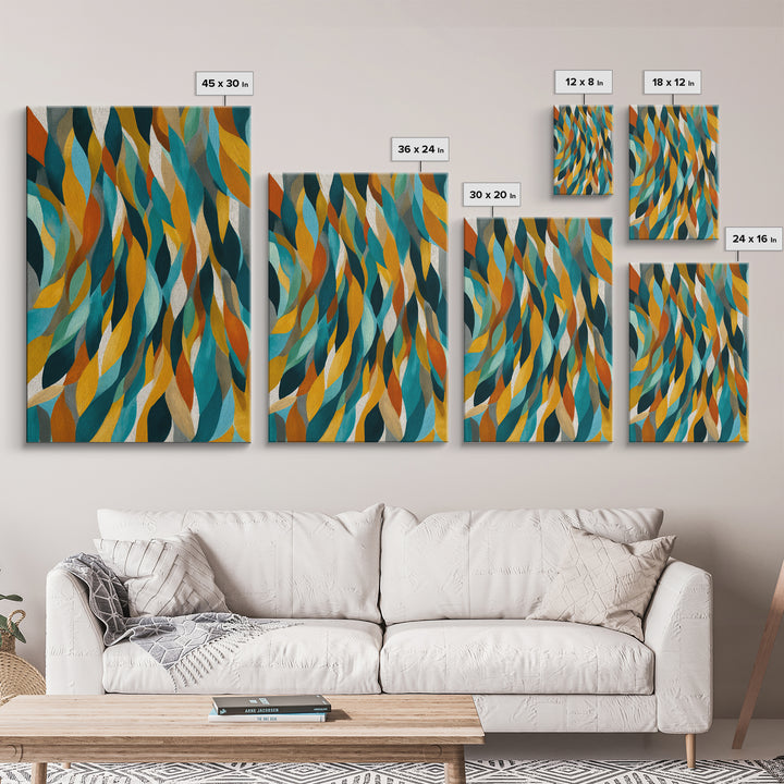Layered Teal Mustard Leaf Abstract Wall Art, Mid Century Modern Canvas Print, Retro Geometric Statement Living Room Decor