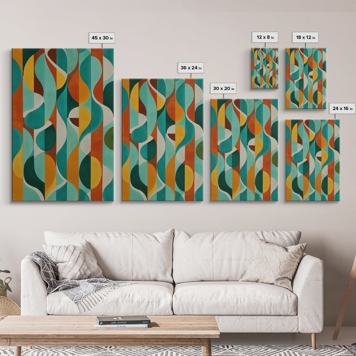 Teal Orange Circle Stripe Canvas Print, Mid Century Modern Wall Art, Bold Geometric Abstract Living Room Retro Home Decor