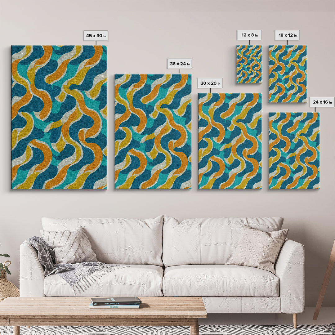 Wavy Teal Gold Ribbon Abstract Wall Art, Mid Century Modern Canvas Print, Retro Geometric Pattern Bedroom Living Room Decor