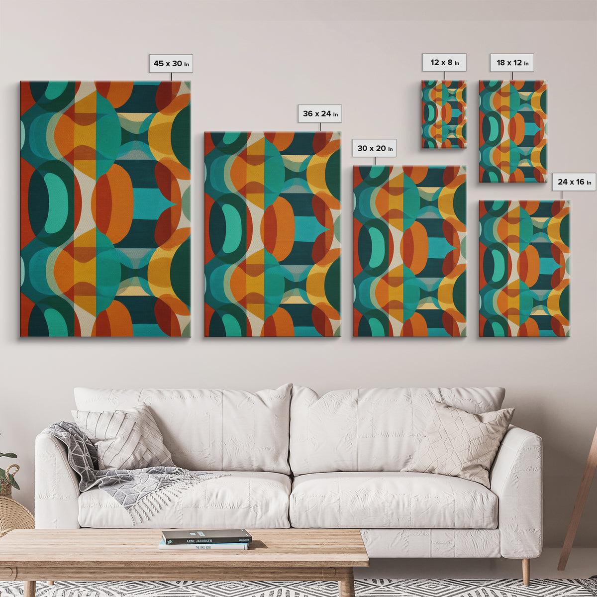 Overlapping Teal Orange Circle Canvas Print, Mid Century Modern Wall Art, Bold Geometric Abstract Retro Home Office Decor
