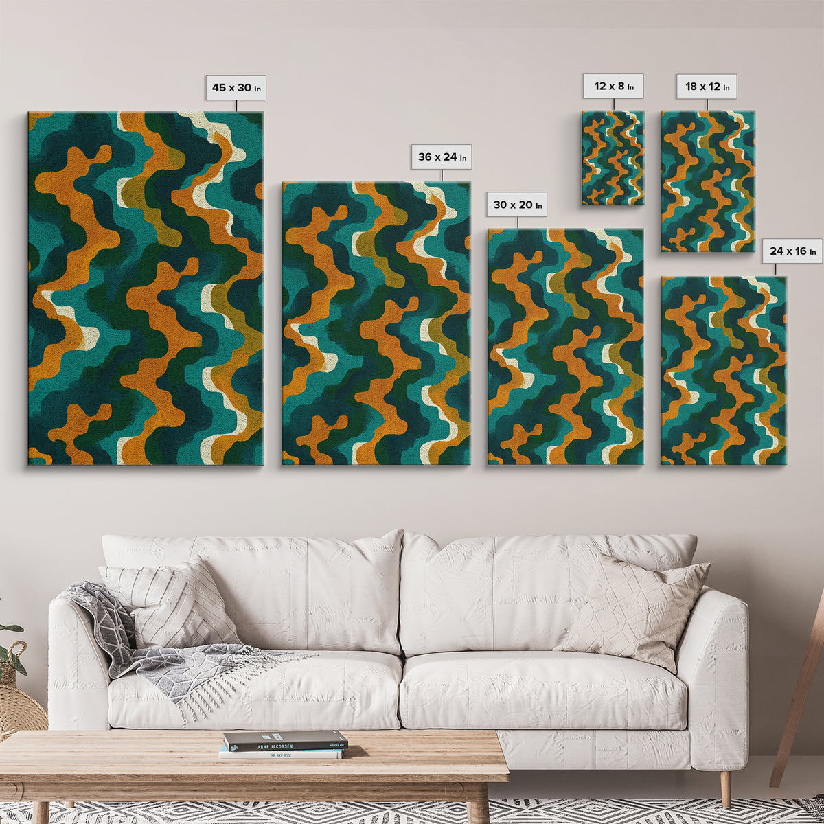 Organic Teal Orange Wave Abstract Wall Art, Mid Century Modern Canvas Print, Retro Groovy Funky Pattern Living Room Decor