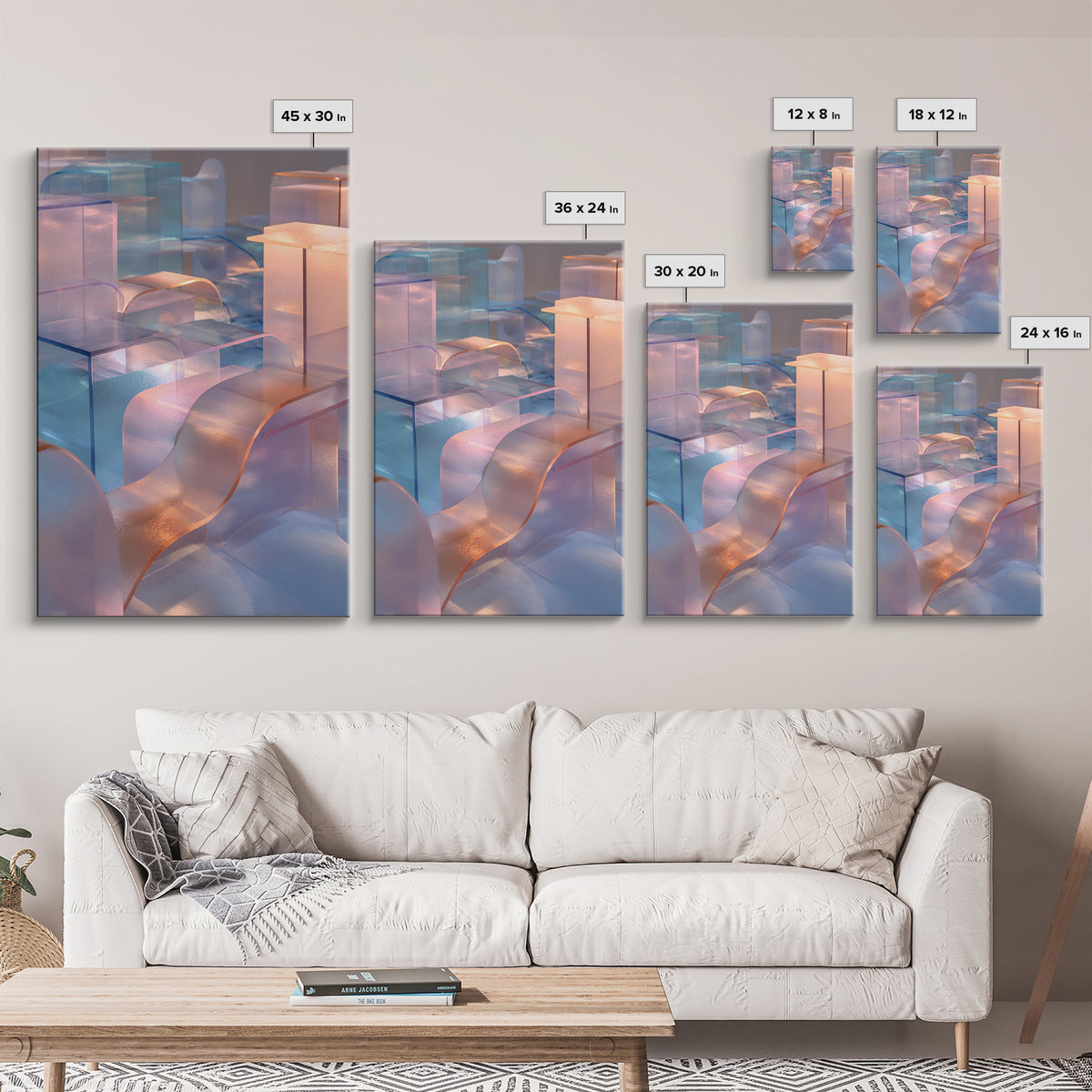Pastel Glass City Blocks, Canvas Print, Modern Abstract Art, Architectural Wall Decor, Soft Blue Pink Home Office Artwork