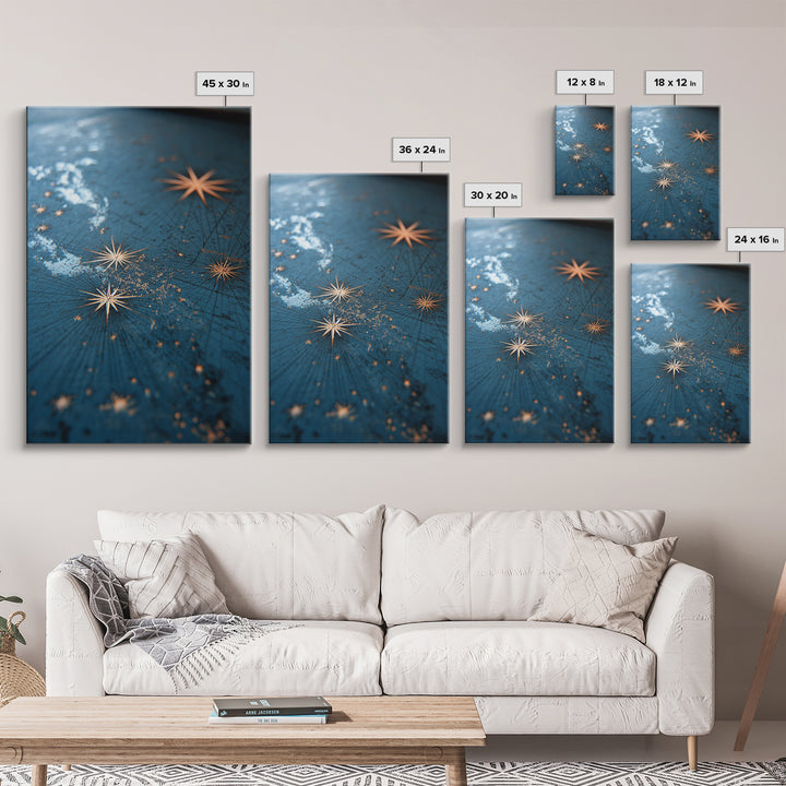 Gold Starburst Night Sky Wall Art, Blue Celestial Abstract Print, Midcentury Modern Decor, Bedroom And Living Room Decor