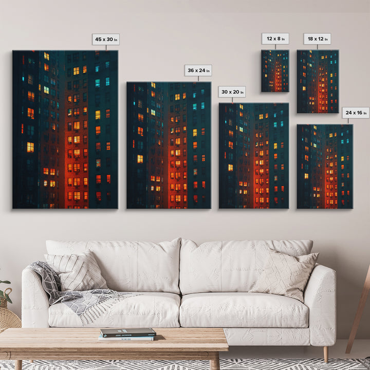 Glowing Apartment Windows Wall Art, Urban Night Photography Print, Modern Wall Decor, Cityscape Poster For Loft Living Room