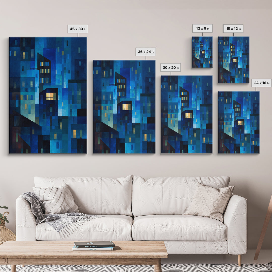 Abstract Blue City Blocks Wall Art, Geometric Night Buildings Print, Midcentury Modern Decor, Contemporary Living Room Art