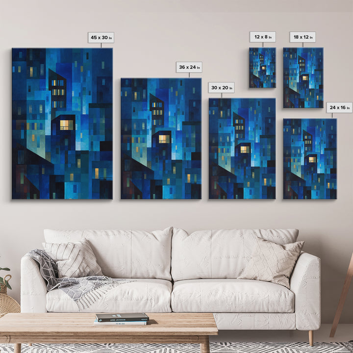 Abstract Blue City Blocks Wall Art, Geometric Night Buildings Print, Midcentury Modern Decor, Contemporary Living Room Art