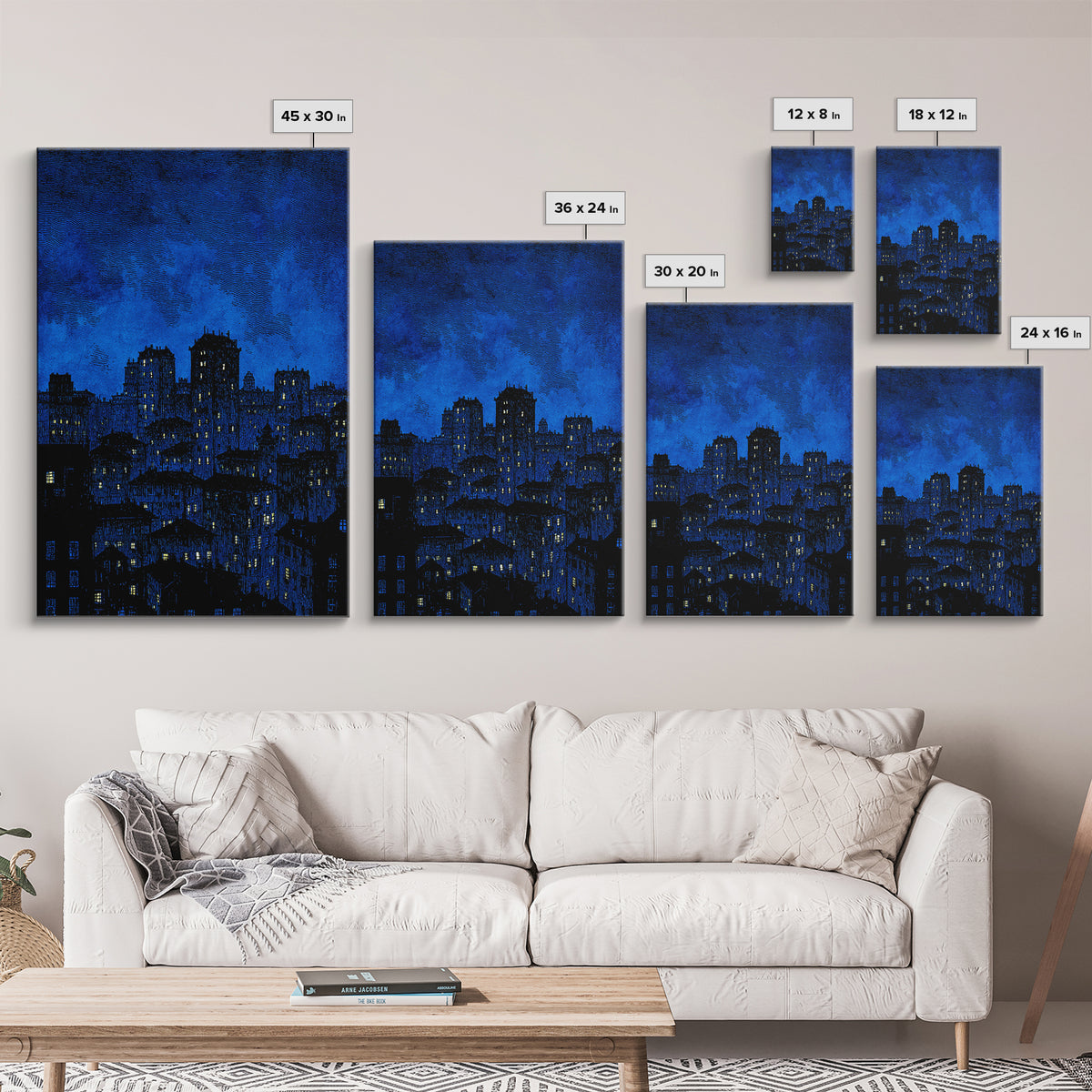 Indigo Linocut Cityscape Canvas Print, Night Skyline Wall Art, Blue Modern Art Print, Urban Home Office Decor Poster Gift
