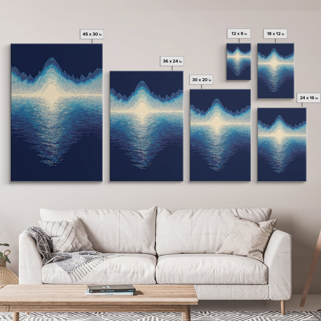 Luminous Blue Waveform Canvas Print, Abstract Ocean Light Wall Art, Modern Digital Art Poster, Meditation Room Decor Gift
