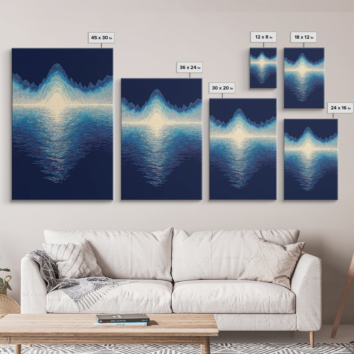 Luminous Blue Waveform Canvas Print, Abstract Ocean Light Wall Art, Modern Digital Art Poster, Meditation Room Decor Gift