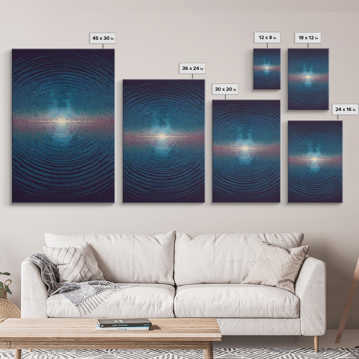 Radiant Blue Ripple Sun Wall Art, Circular Abstract Light Print, Modern Geometric Art, Space Inspired Decor For Bedroom Poster