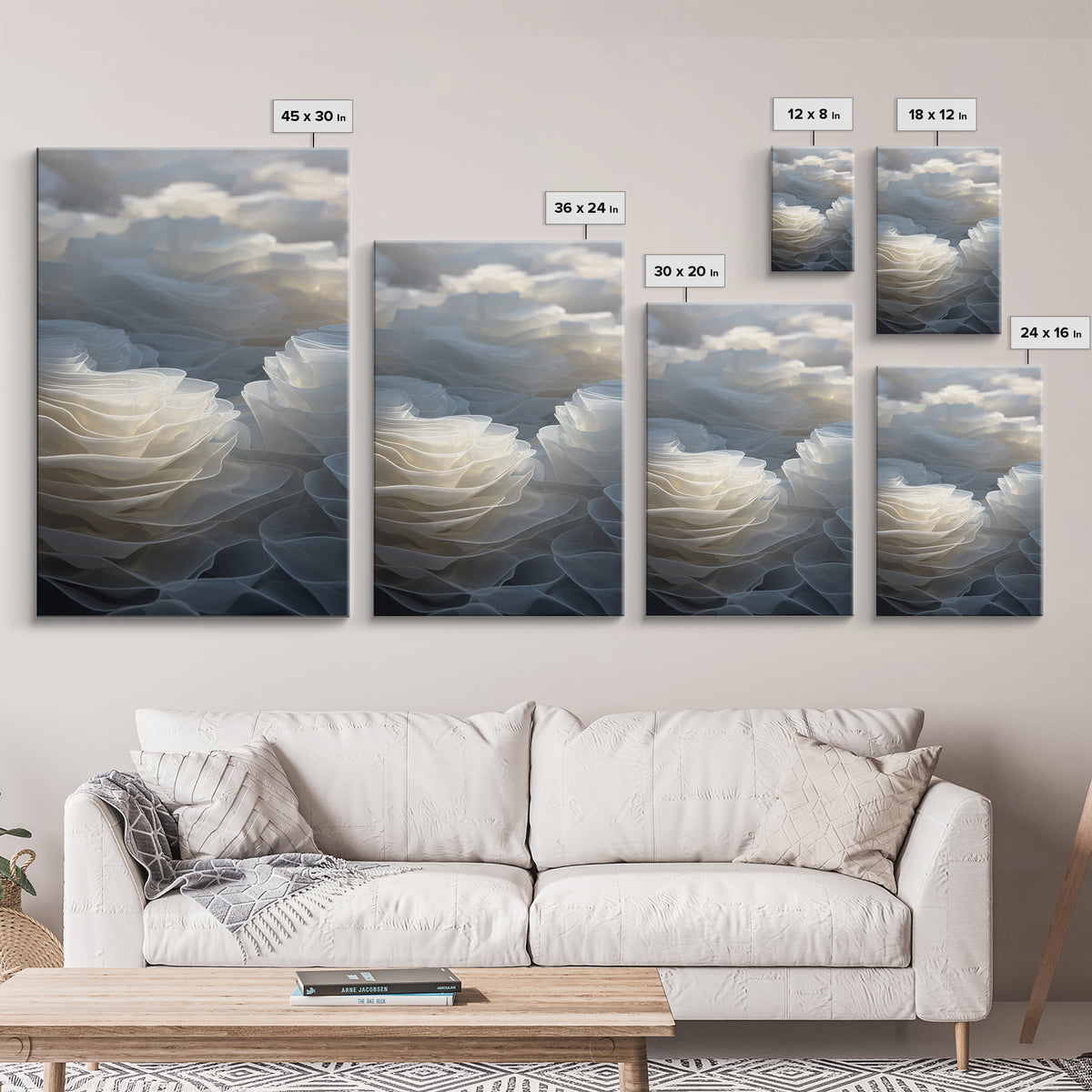 White Layered Petal Waves, Framed Canvas Print, Minimalist Wall Art, Neutral Abstract Decor, Soft Botanical Modern Artwork