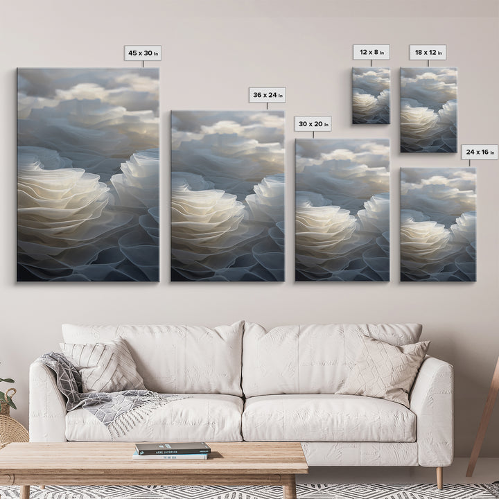White Layered Petal Waves, Framed Canvas Print, Minimalist Wall Art, Neutral Abstract Decor, Soft Botanical Modern Artwork
