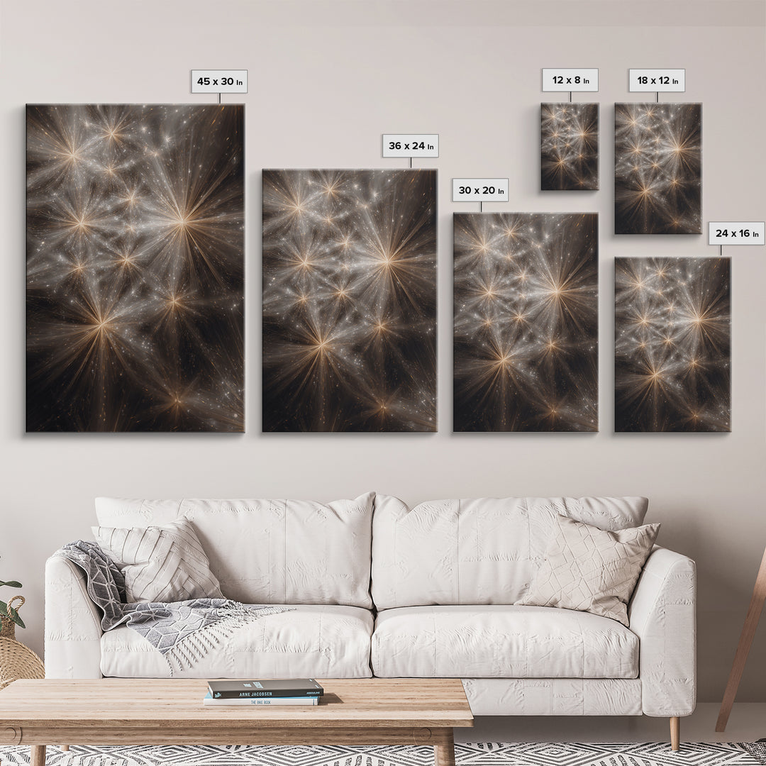 Golden Cosmic Starburst Network Framed Canvas Print, Space Abstract Art, Modern Wall Art, Statement Wall Decor, Luxury Home Decor