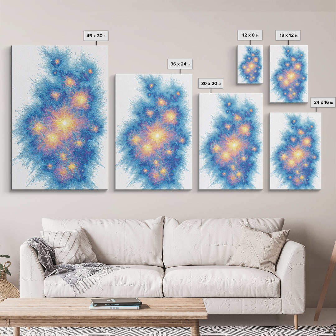 Blue Gold Particle Burst Abstract Wall Art, Modern Digital Art Print, Space Abstract Art, Colorful Poster, Home Office Decor