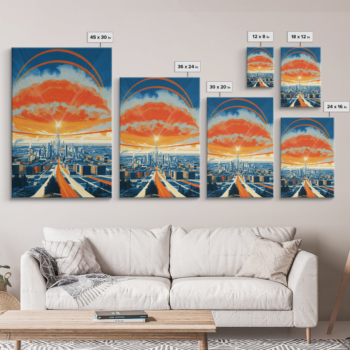 Retro Futurist City Sunset Wall Art, Orange Blue Midcentury Modern Poster, Architectural Art, Travel Wall Decor, Large Print