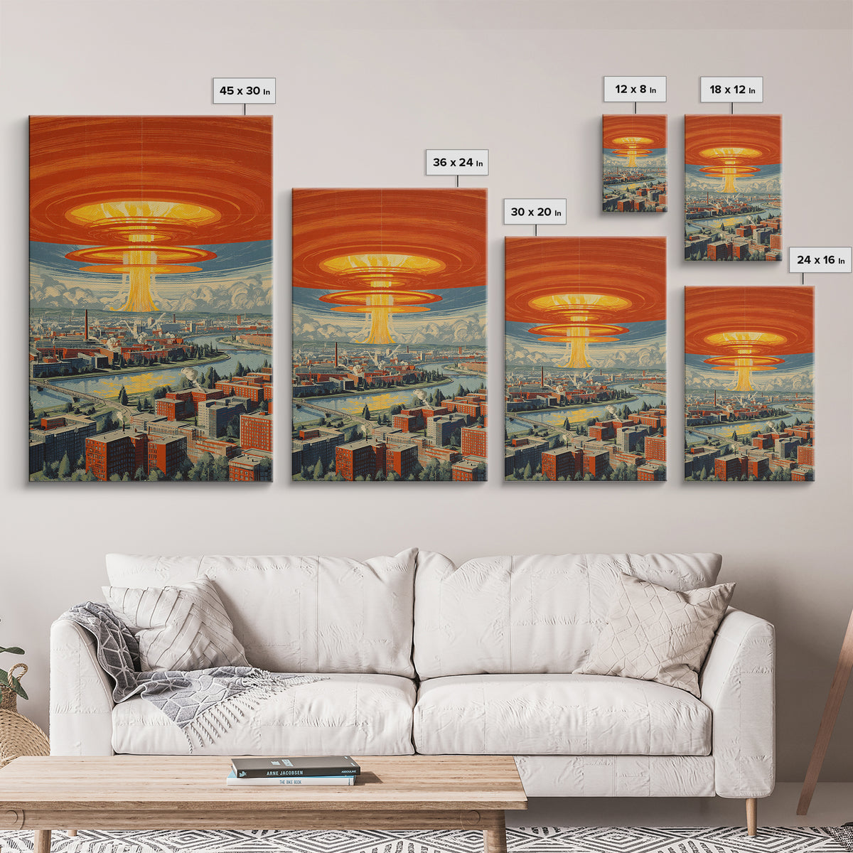 Retro Futuristic City With Orange Saucer Beam, Canvas Print, Mid Century Modern Wall Art, Sci Fi Poster, Atomic MCM Decor