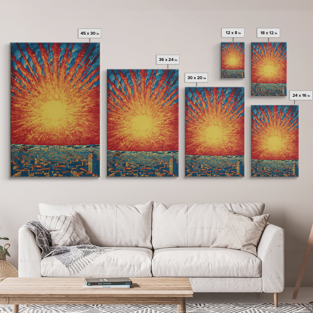 Fiery Solar Burst Over City Skyline, Wall Art, Mid Century Modern Art Print, Retro Sci Fi Poster, Atomic Orange Home Decor