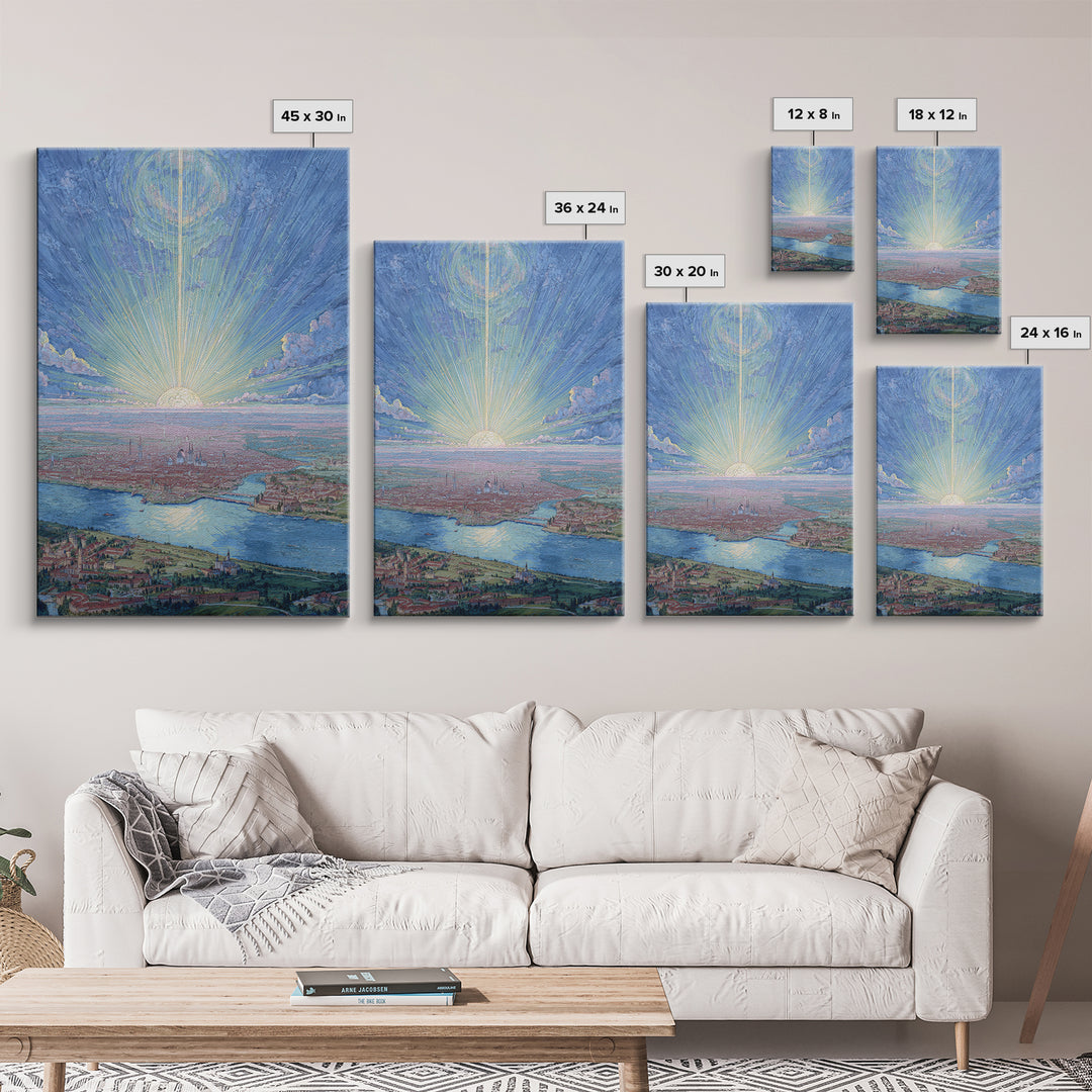 Pastel Sunrise Over Historic Waterfront City, Framed Canvas Print, Modern Wall Art, Scenic Travel Poster, Blue Home Decor