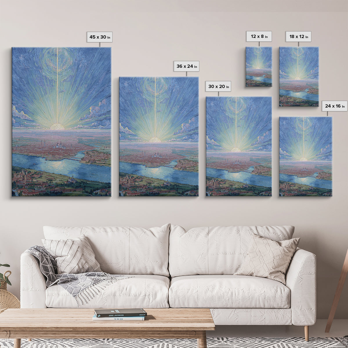 Pastel Sunrise Over Historic Waterfront City, Framed Canvas Print, Modern Wall Art, Scenic Travel Poster, Blue Home Decor