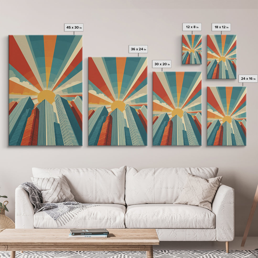 Low Angle Skyscrapers With Radiant Sun, Canvas Print, Mid Century Modern Wall Art, Geometric Poster, Retro Office Decor Print
