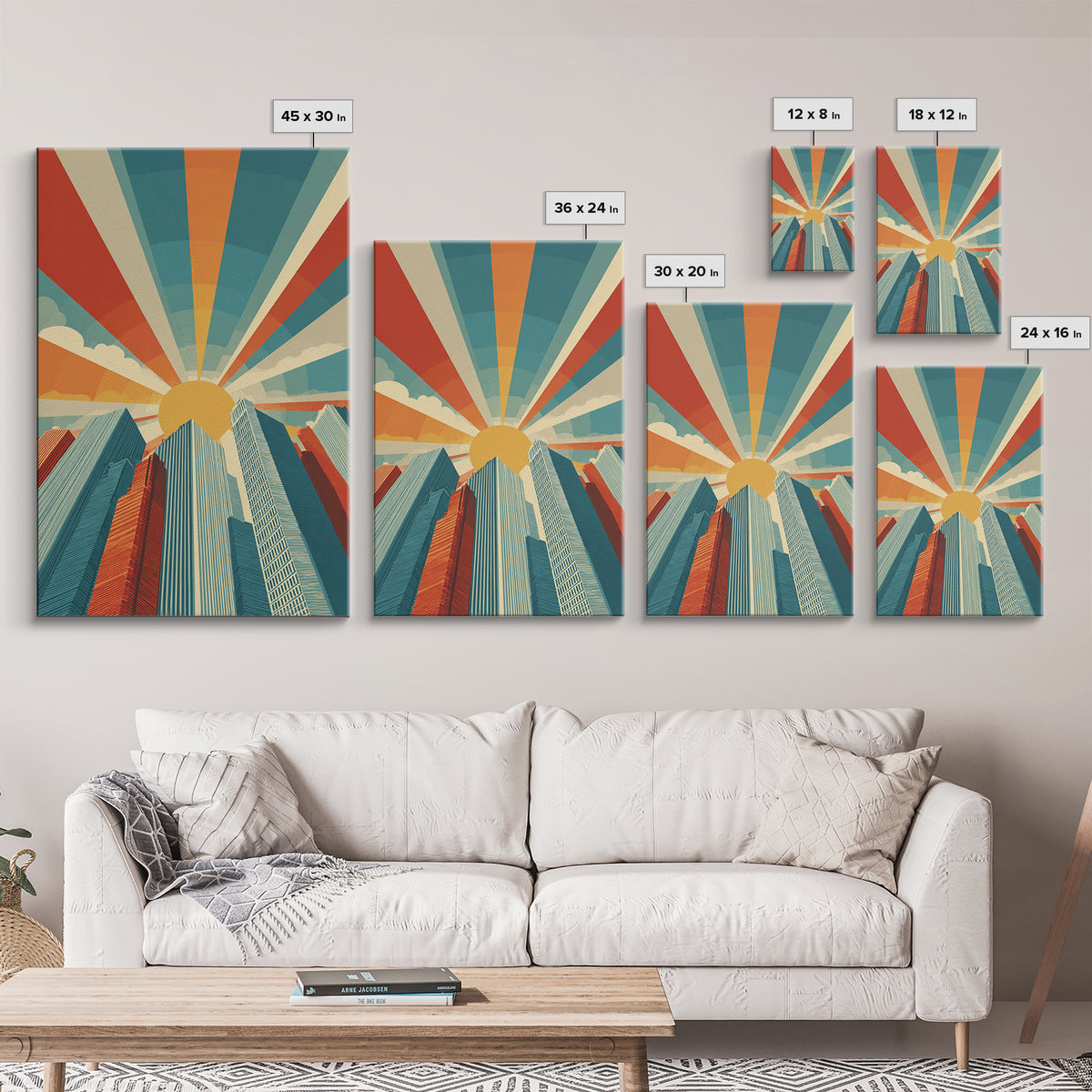 Low Angle Skyscrapers With Radiant Sun, Canvas Print, Mid Century Modern Wall Art, Geometric Poster, Retro Office Decor Print