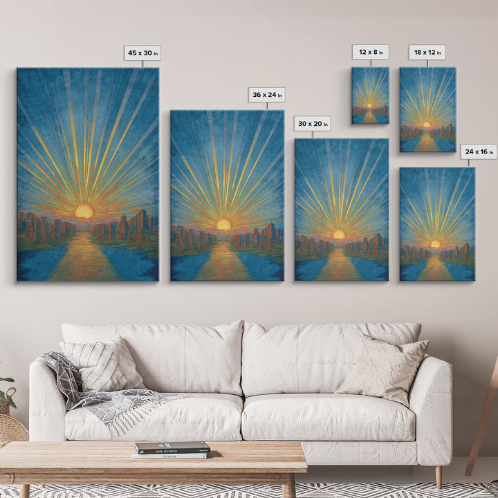 Blue River Sunset Over Modern City Skyline, Wall Art, Mid Century Modern Art Print, Retro Sun Poster, Teal Orange Decor