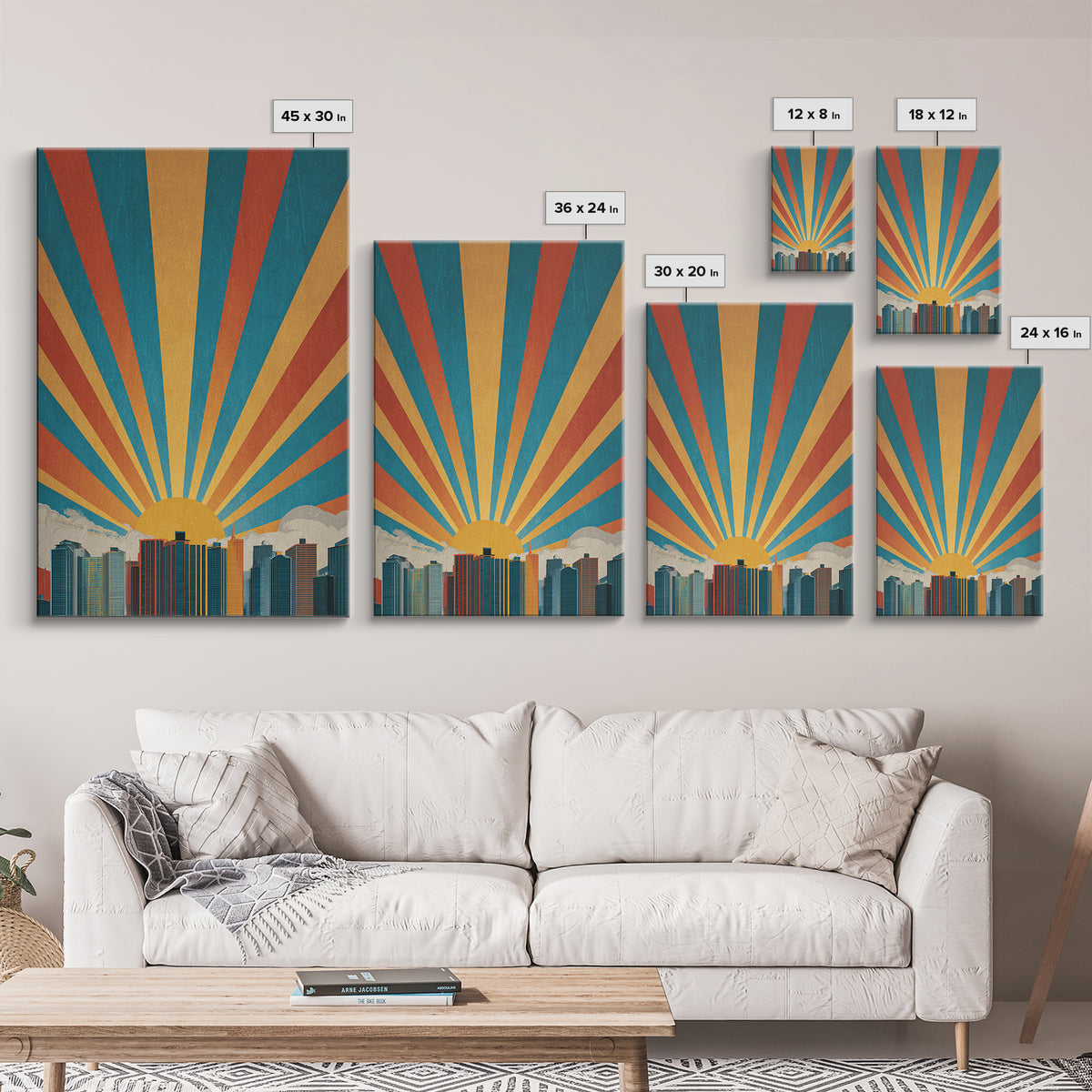 Bold Sunrise Behind Downtown Skyline, Canvas Print, Mid Century Modern Wall Art, Retro Geometric Poster, Teal Orange Decor