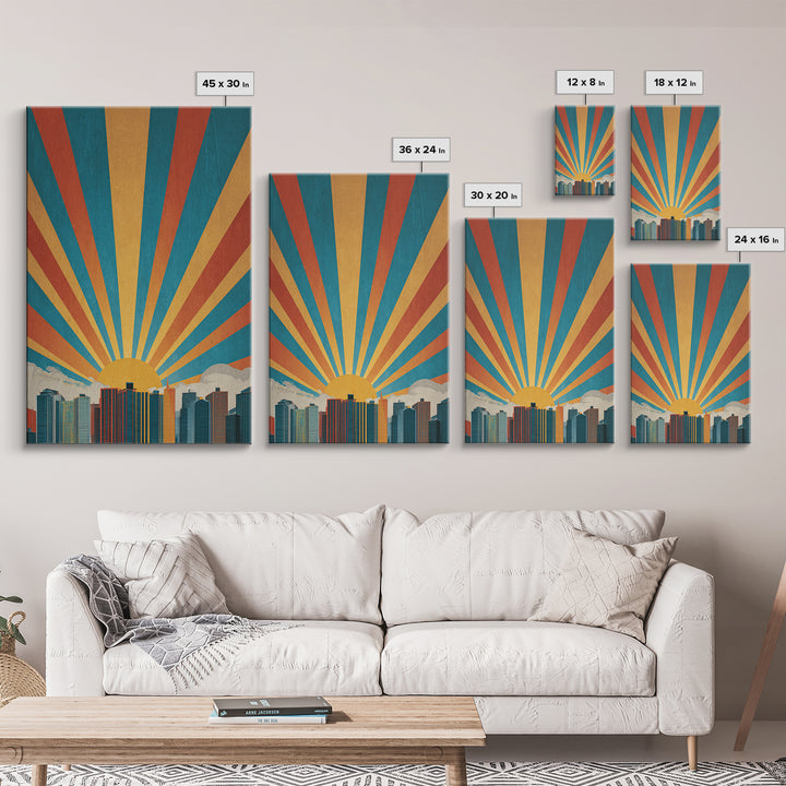 Bold Sunrise Behind Downtown Skyline, Canvas Print, Mid Century Modern Wall Art, Retro Geometric Poster, Teal Orange Decor