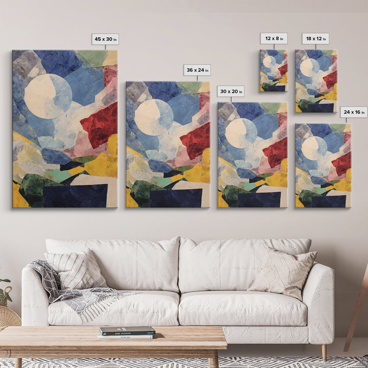 Moonlit Geometric Collage With Blue Red Yellow, Wall Art, Modern Abstract Art Print, Bauhaus Poster, Colorful Living Room Decor