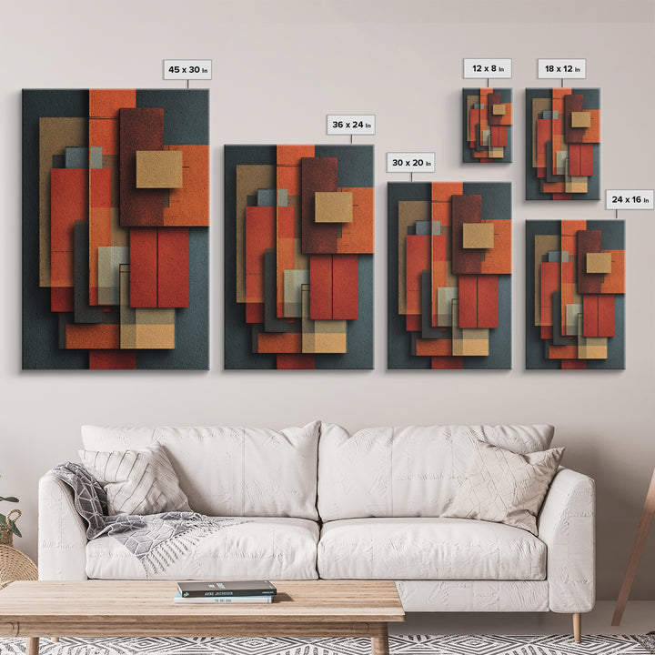Rust Orange Teal Rectangles Framed Canvas Print, Midcentury Modern Geometric Wall Art, Atomic MCM Decor, Bold Abstract Painting