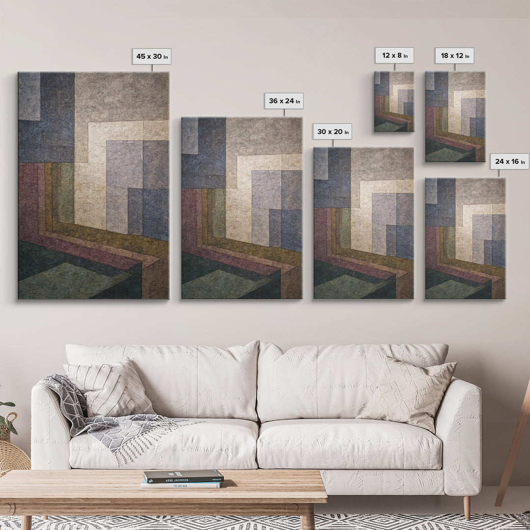 Moody Architectural Geometry Wall Art, Midcentury Modern Abstract Print, Neutral Blue Mauve Decor, Perspective Office Art